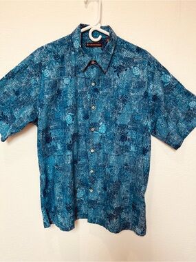 Tori Richard 100% Teal and Navy Floral Short-Sleeve Button-Down Shirt
